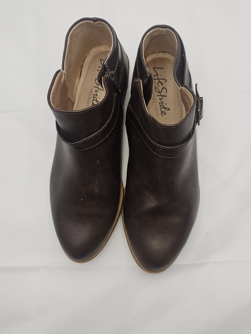 Life Stride Brown Leather Ankle Booties with Side Buckle